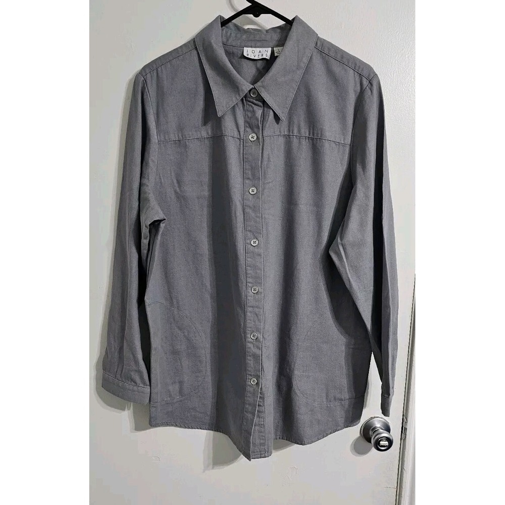 Joan Rivers Women Shacket‎ Top Button Down Large Gray Pockets Mature Minimalist